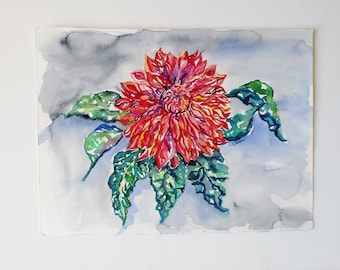 Red dahlia painting, Flower original watercolor painting, flower wall art gift for gardener, country home decor, original artwork