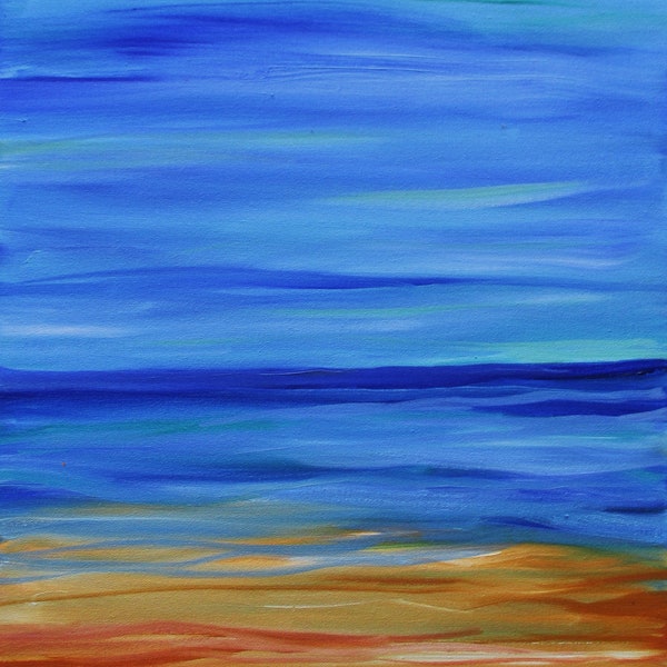 Abstract original handpainted oil painting, blue seascape painting beautiful blended blues to enhance a room perfect for beach coastal decor