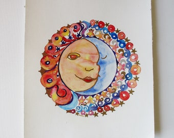Moon star art for nursery, new baby gift, baby shower gift, new mom present, children room art, kid room art, Original watercolor painting