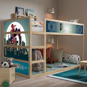 Spiderman with Name Kura Bed Stickers - Personalized Superhero Ikea Kura Bed Decals for Boys Bedroom - Peel and Stick Décor for Toddler Bed
