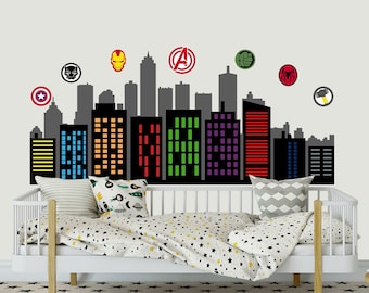 Superhero Wall Decal Boy Bedroom - City Wall Decal Kids Room - Super Hero Skyline Childrens Decor - Superhero Wall Sticker