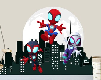 Jumbo Spiderman Wall Sticker, City Background Superhero Wall Decal, Kids Nursery Wall Decor Spiderman, Large Spiderman Mural for Boy Room