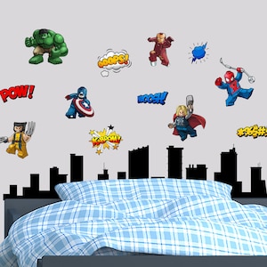 Superhero Wall Decal Kids Room. Stickers Art Decoration Spiderman Avengers. Children Cartoon Decor. Comic Decals for Boy Toy Box