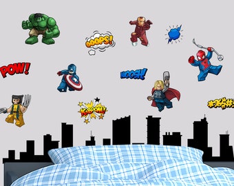 Superhero Wall Decal Kids Room. Stickers Art Decoration Spiderman Avengers. Children Cartoon Decor. Comic Decals for Boy Toy Box