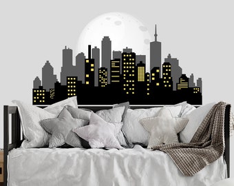 Decalcomania da muro con paesaggio urbano, camera da letto per ragazzi, adesivo da parete con skyline della città, cameretta per bambini, decorazione da parete per bambini con paesaggio urbano di supereroi, decorazione in vinile per sala giochi