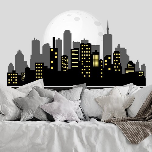 Superhero Wall Decal Boys Bedroom City Skyline Wall Sticker Etsy