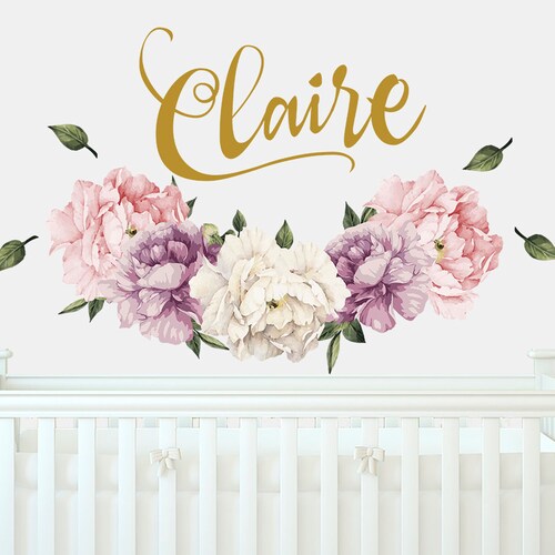 Baby Name Wall Decal Nursery. Flowers Wall Sticker Girl Etsy