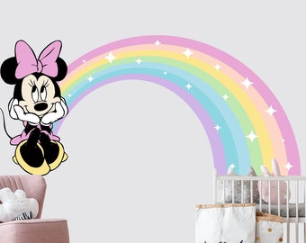 Mickey Mouse Themed Wall Decal Girls Bedroom, Pastel Rainbow Room Sticker, Toddler Nursery Wall Decor, Peel and Stick Vinyl Minnie Mouse