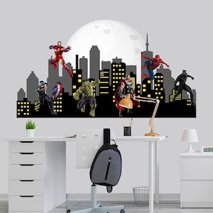Superheroes Wall Decal Boys Room, City Skyline Decor Kids Nursery, Cityscape & SpiderMan Vinyl Decorations Teen Room Playroom