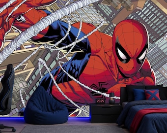 Spiderman Comic Wallpaper for Toddler Room, Action Superhero Boy Bedroom Wall Mural Peel and Stick, Comic Book Gaming Room Decor