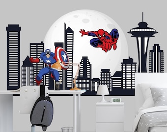 Superhero Teen Room Wall Decal. Spiderman Wall Sticker Boys Bedroom. City Skyline Decor Toddler Playroom. Cityscape Kids Decals. Boy Gifts