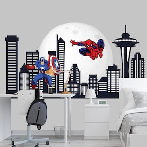 Superhero Teen Room Wall Decal. Spiderman Wall Sticker Boys Bedroom. City Skyline Decor Toddler Playroom. Cityscape Kids Decals. Boy Gifts