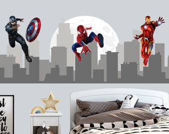Superhero Wall Decal for Boy Bedroom, Superhero Wall Sticker Boy Room, Cityscape Sticker Toddler Nursery, Spiderman Decor Kid Playroom