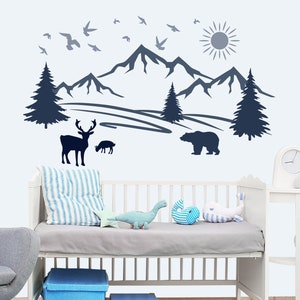 Mountain Wall Decal Baby Boy Nursery. Vinyl Sticker Mountains Wild Animals Wall Art Kid Bedroom. Forest Baby Room Decor. Deer and Bear Decal