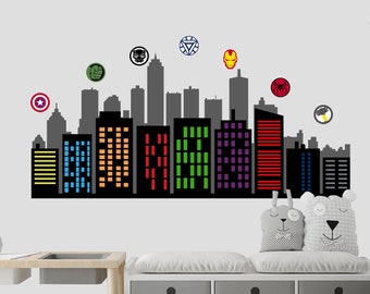 Superhero Mural Wall Art, Super Hero Skyline Wall Decal, Teen Boy Bedroom Sticker Avenge Decor, City Wall Decal Kids Room, Toddler Gift