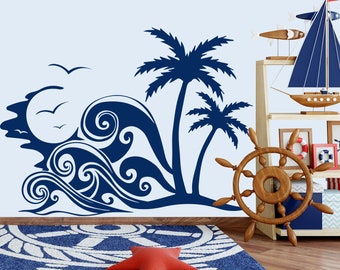 Vinyl Wall Decal With Ocean Beach. Theme For Baby Girl Boy Room Home Decor. Sea Bird Waves Wall Art Stickers Bedroom Game Room Living Room