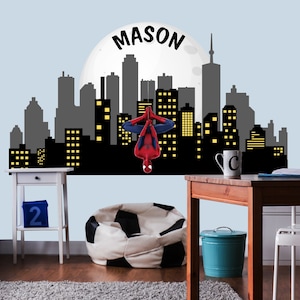Spiderman Custom Name Decal for Boys Bedroom - Superhero Sticker for Kid Playroom - Cityscape Boy Room - Personalized Decal Wall Nursery