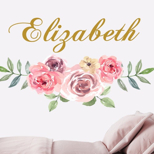 Name Wall Decal Flowers Floral Wall Sticker Peel and Stick Etsy