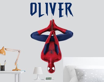 Sticker mural nom Spiderman pour chambre de garçon, sticker mural super-héros pour chambre d'enfant, salle de jeux pour garçon décoration personnalisée Spiderman, sticker prénom personnalisé