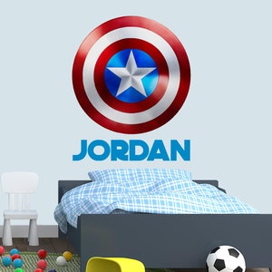 Superhero Wall Sticker With Name, Personalized Captain Shield Wall Decal for Boys Bedroom, Nursery Sticker For Toy Box, Spiderman Boy Mural