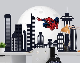 Spiderman Wall Sticker Boys Bedroom, Superhero City Skyline Art Decor Toddler Playroom, Cityscape Kids Decals, Decorations for Teen Room