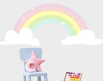 Adesivo de parede arco-íris para quarto de menina - Decoração de parede arco-íris para quarto infantil. Decoração de parede arco-íris em tons pastel - Adesivos grandes de arco-íris para sala de jogos infantil.