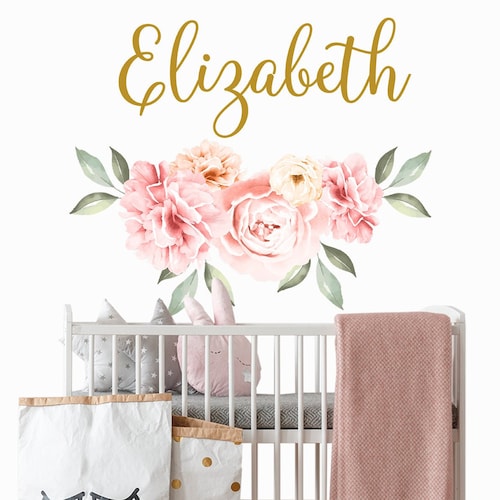 Baby Name Wall Decal Nursery. Flowers Wall Sticker Girl Etsy