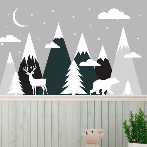 Mountain Wall Decal With Pine Trees. Mountains Wall Decor Etsy