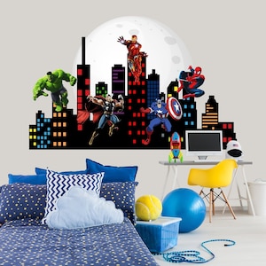 Superhero Wall Decal Boys Nursery, Cityscape Art Décor Toddler Bedroom, Cityscape Kids Room Sticker, Spiderman Vinyl  Decoration