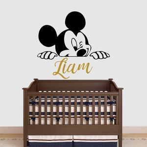 Peronalized Baby Boy Name Wall Decal Nursery. Mickey Mouse Head Ears Vinyl Sticker Themed Boys Room. Wall Mural Decor Kids Room SA321