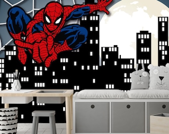 Spiderman Wallpaper Peel and Stick for Boys, Comics Avengers Teen Room, Vinyl Wall Art Decor Kids Playroom, Night Cityscape Mural Toddler