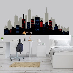 City Skyline Wall Decal for Nursery, Cityscape wall Decor Kids Room, Large Superhero City Skyline Sticker Boys Bedroom, Playroom Decoration