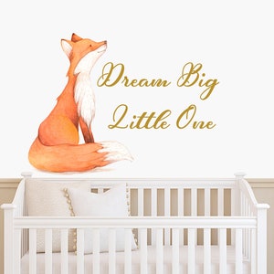 Painted Fox Wall Decal Nursery. Above Kid Bed Quote Dream big Little One Girl Bedroom. Cute Fox Wall Sricker Kids Room. Wall Art Decor SA502