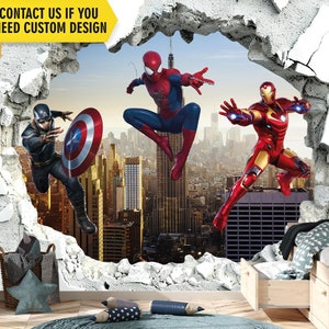 Carta da parati 3D Superhero, Spiderman, murale da parete per camera da letto del ragazzo Capitano, decorazione da parete America per la sala giochi dei bambini, arte della stanza con parete bucata, stacca e attacca