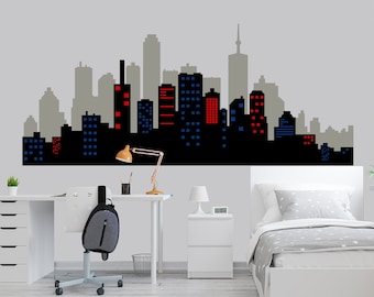 City Skyline Wall Decal for Nursery, Cityscape Wall Decor Kids Room, Large Superhero City Skyline Sticker Boys Bedroom, Playroom Decoration