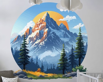 Calcomanía de pared de montaña para habitación de Keds, pegatina de pared de naturaleza grande, mural de pared de montañas redondas para guardería, pegatina gigante para dormitorio de niño