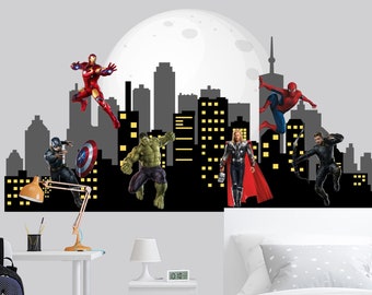 Superheld muur sticker jongens slaapkamer, Cityscape & Spiderman vinyl decoraties tiener kamer, City Skyline decor peuter speelkamer, sticker