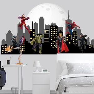 Superhero Wall Decal Boys Bedroom, Cityscape & Spiderman Vinyl Decorations Teen Room, City Skyline Decor Toddler Playroom, Sticker