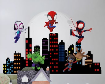 Pegatina de pared de paisaje urbano de Spiderman, calcomanía de pared de superhéroe para dormitorio de niños y sala de juegos para niños pequeños, decoraciones temáticas de Spiderman para habitación de niños