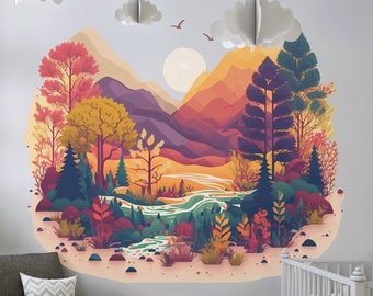 Mountain Wall Decal, Large Nature Wall Sticker, Autumn Mountains Wall Decal for Nursery, Jumbo Mural Stickers For Kids Bedroom