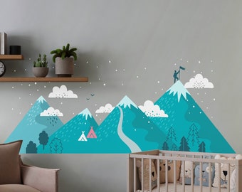 Mountain Wall Sticker, Large Nature Decal. Mountains Wall Decal for Nursery, Jumbo Mural Moon And Stars Stickers For Kids Bedroom