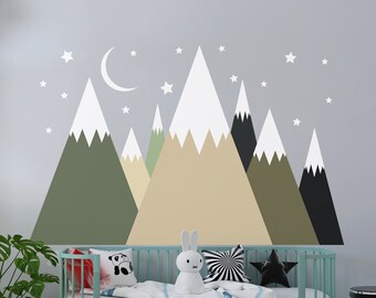 40% OFF Large Mountain Wall Decal, Nature Wall Sticker. Mountains Sticker for Nursery, Jumbo Mural Moon And Stars Stickers For Kids Bedroom