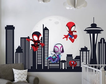 Pegatina de pared de Spiderman, calcomanía de pared de superhéroe para habitación de niño, decoración del horizonte de la ciudad para dormitorios de niños, calcomanía de guardería de paisaje urbano de regalo perfecto