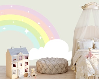 Adesivo de parede de meio arco-íris para quarto de menina - Adesivo grande de arco-íris pastel com nuvem - Decoração de sala de jogos com tema de unicórnio - Presentes para meninas