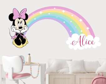 Adesivo de parede da Minnie Mouse para quarto de menina, adesivo de parede em tons pastel de arco-íris para berçário, decoração personalizada com nome em vinil para quarto e sala de jogos de meninas.