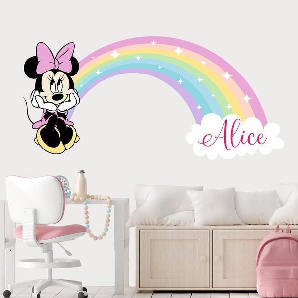 Minnie Mouse Wall Decal for Girl Bedroom, Pastel  Rainbow Wall Sticker Nursery, Personalized Name Vinyl Decor Girls Room and Playroom
