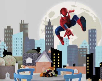 Fondo de pantalla de Spiderman para dormitorio de niño, mural de pared de cáscara y palo de superhéroe, calcomanía de pared de Spiderman, fondo de pantalla de guardería, decoración de pared para niños pequeños