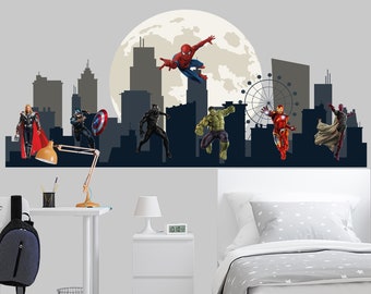 Superhero Wandaufkleber Jungen Schlafzimmer, Stadtbild Wandaufkleber für Jungenzimmer, Skyline Kinderzimmer Aufkleber, Spiderman Vinyl Dekoration