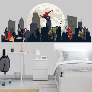 Superhero Wall Decal Boys Bedroom, Cityscape Wall Sticker for Boy Room, Skyline Kids Room Sticker, Spiderman Vinyl  Decoration