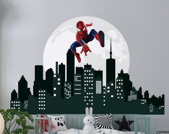 Calcomanía de pared grande de Spiderman, pegatina de pared gigante de superhéroe de fondo de ciudad, pegatina de pared de Spiderman para habitación de niños, Mural para guardería